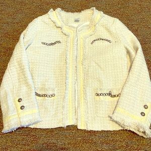 White tweed jacket with velvet accents